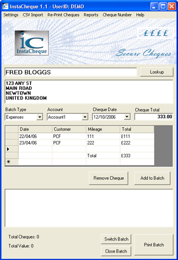 InstaCheque Software Screen