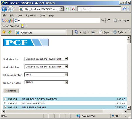 Secure Cheque Screen